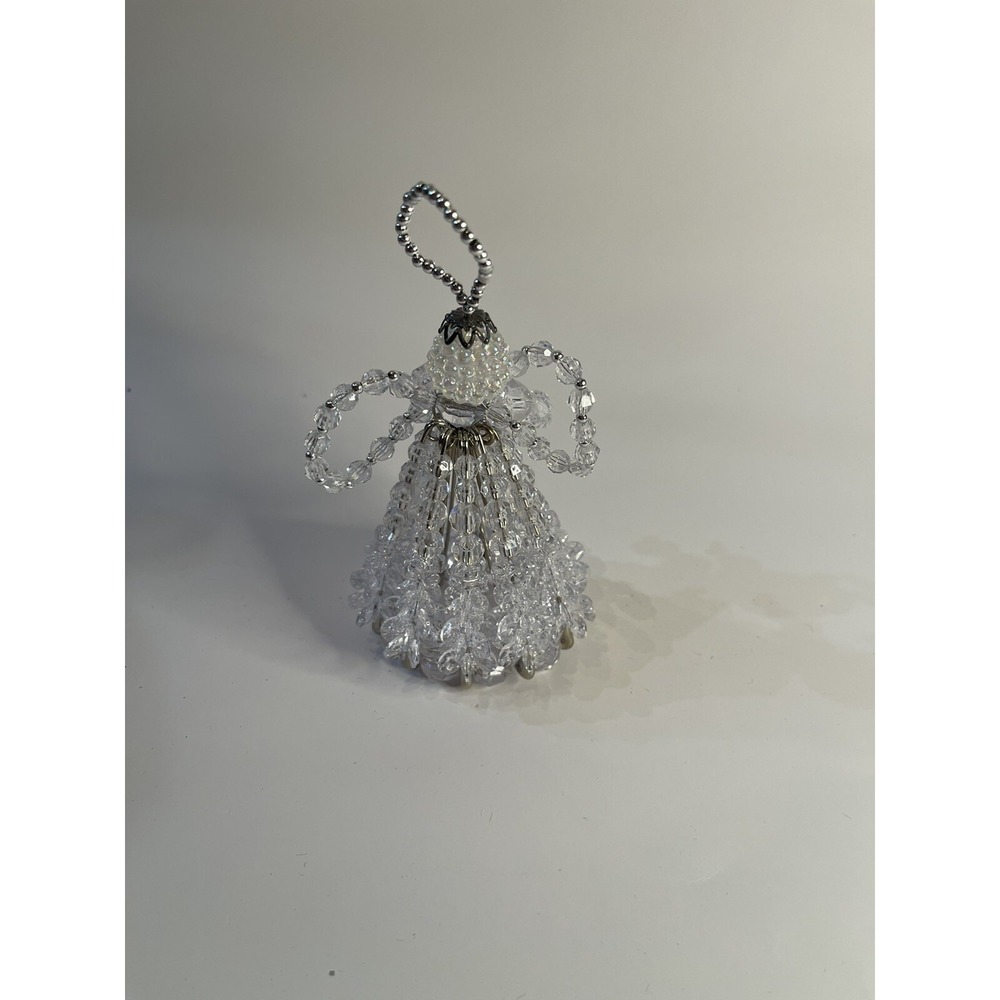 Angel Beaded Safety Pin Christmas Ornament Figure 3 3/4 in Silver and Clear